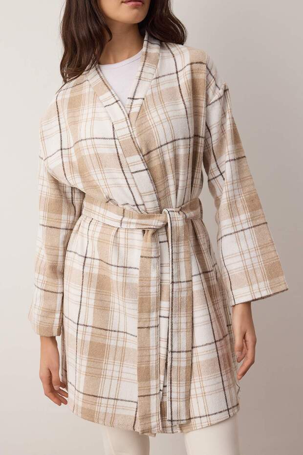 Bej Kuşaklı Ekoseli Kışlık Flannel Dokuma Sabahlık THMAW26SB00001 - 3