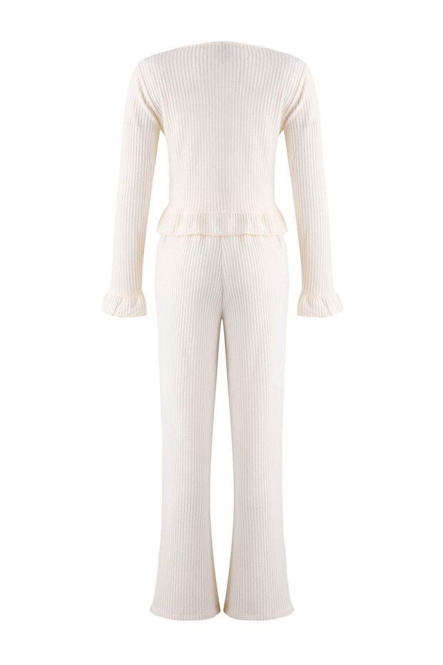 Ekru Fırfırlı Waffle Örme Pijama Takımı THMAW26PT00126 - 6