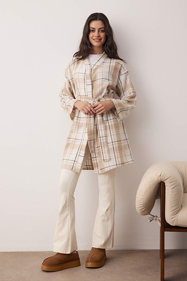Bej Kuşaklı Ekoseli Kışlık Flannel Dokuma Sabahlık THMAW26SB00001 - 2