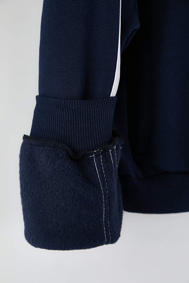 Lacivert Crop Boy Kolej Temalı Şeritli Önü Fermuarlı Büyük Beden Sweatshirt TBBAW26AO00047 - 8