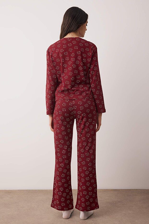 Bordo %100 Pamuklu Ayıcıklı Örme Pijama Takımı THMAW25PT00131 - 4