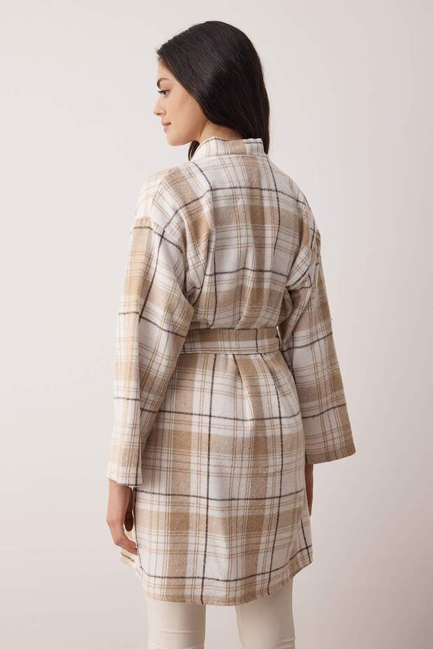 Bej Kuşaklı Ekoseli Kışlık Flannel Dokuma Sabahlık THMAW26SB00001 - 4