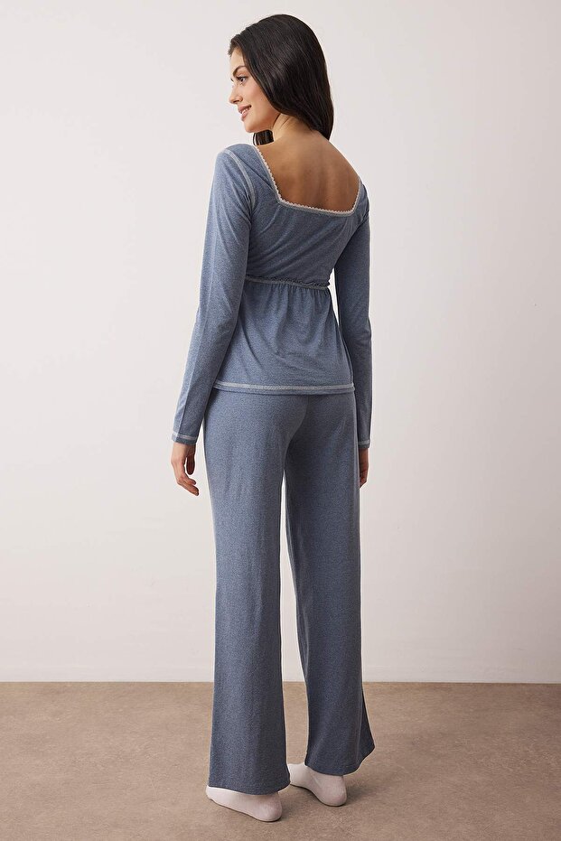 Mavi Pamuklu Dantel Detaylı Örme Pijama Takımı THMAW26PT00084 - 4