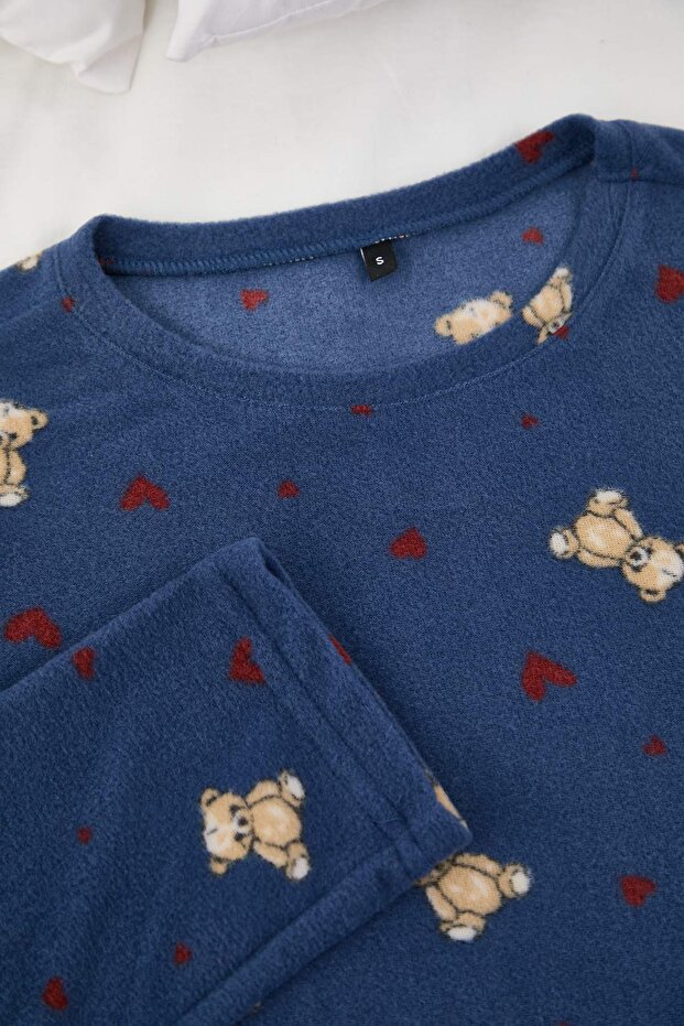 Lacivert Ayıcık ve Kalp Desenli Kışlık Polar Örme Pijama Takımı THMAW26PT00150 - 7