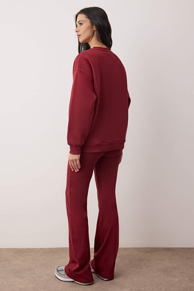 Bordo Oversize Üst Soft Touch Esnek Flare/İspanyol Paça Alt Örme Eşofman Takımı TWOAW26EM00008 - 3