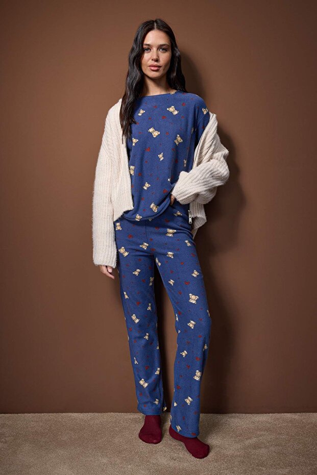 Lacivert Ayıcık ve Kalp Desenli Kışlık Polar Örme Pijama Takımı THMAW26PT00150 - 2
