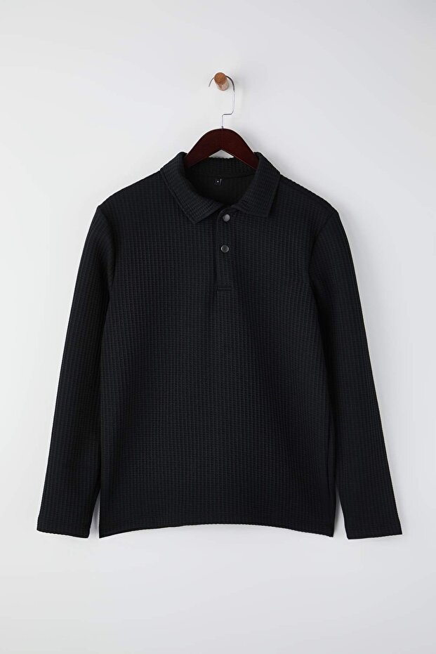 Siyah Relaxed Kesim Waffle Dokulu Polo Yaka Sweatshirt TMNAW26SW00058 - 5