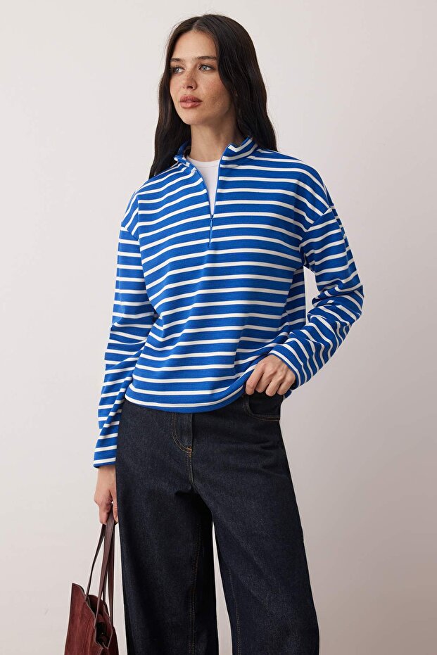 Mavi Çizgili Gizli Fermuarlı Oversize/Geniş Kalıp İnce Örme Sweatshirt TWOAW26SW00242 - 1