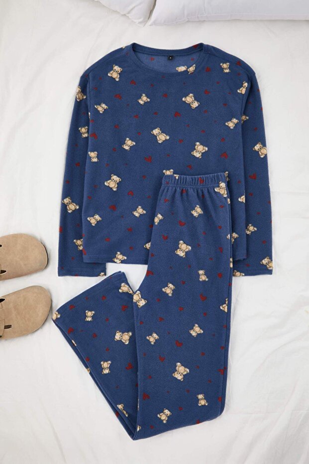 Lacivert Ayıcık ve Kalp Desenli Kışlık Polar Örme Pijama Takımı THMAW26PT00150 - 5