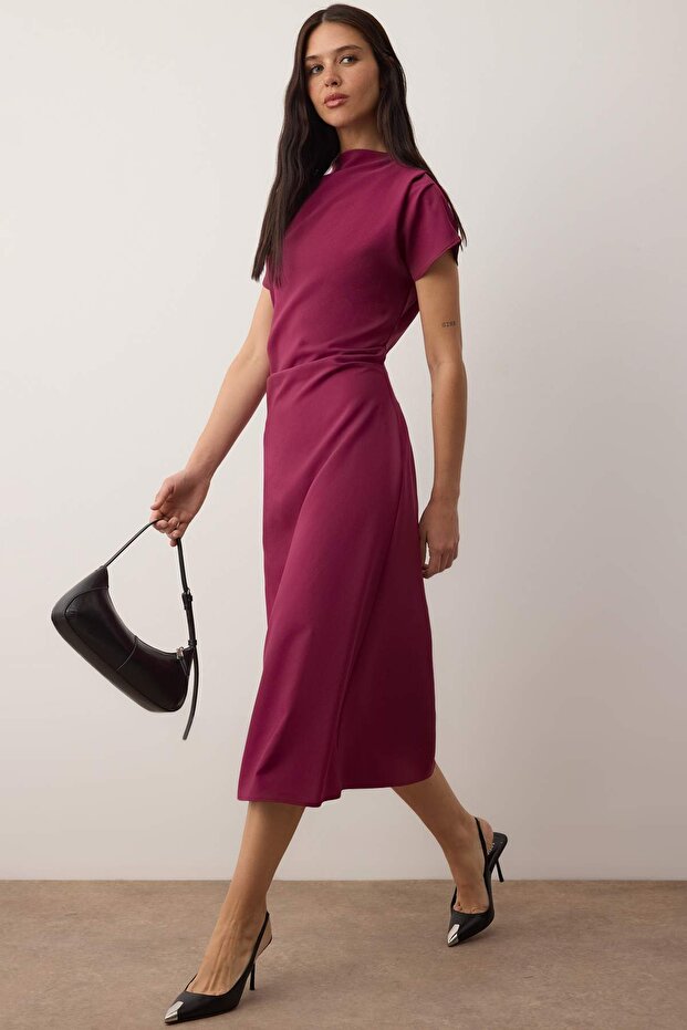 Koyu Mor Düz A Kesim Büzgü / Drape Midi Dokuma Elbise TWOAW25EL00393 - 2
