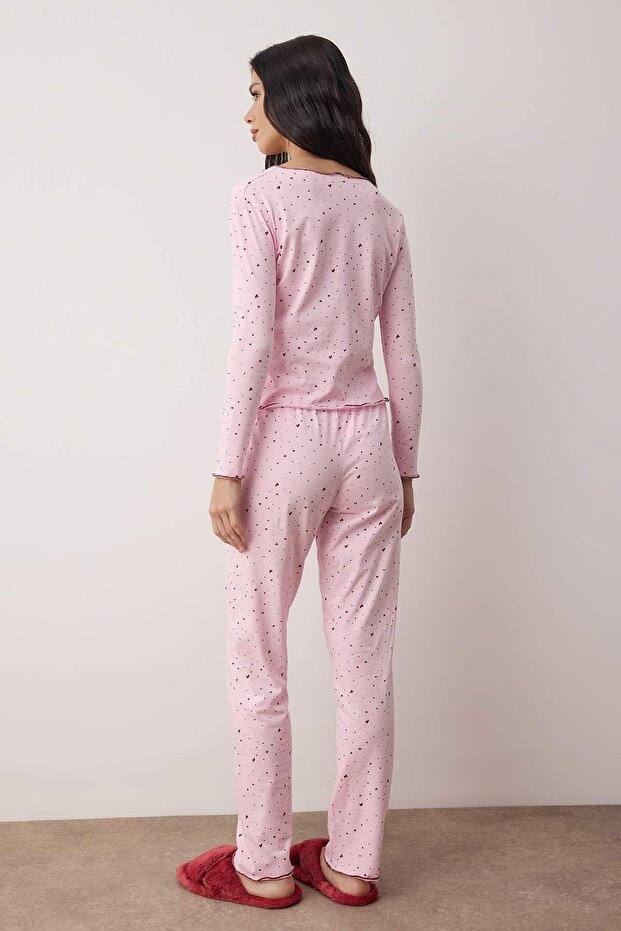 Pembe Pamuklu Likralı Yumuşak Tuşe Kalpli Baby Overlok Detaylı Örme Pijama TakımıTHMAW26PT00166 - 4