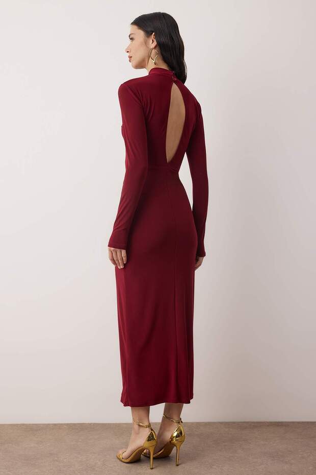 Bordo Aksesuar Detaylı Örme Maxi Astarlı Elbisesi TPRAW26EL00110 - 4