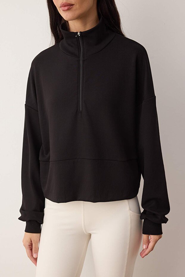 Siyah Fermuarlı Spor Örme Sweatshirt THMAW26SW00005 - 3
