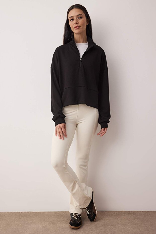 Siyah Fermuarlı Spor Örme Sweatshirt THMAW26SW00005 - 2