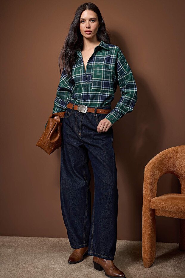 Mavi-Çok Renkli Flanel Ekoseli Oversize/Geniş Kalıp Gömlek TWOAW26GO00132 - 1