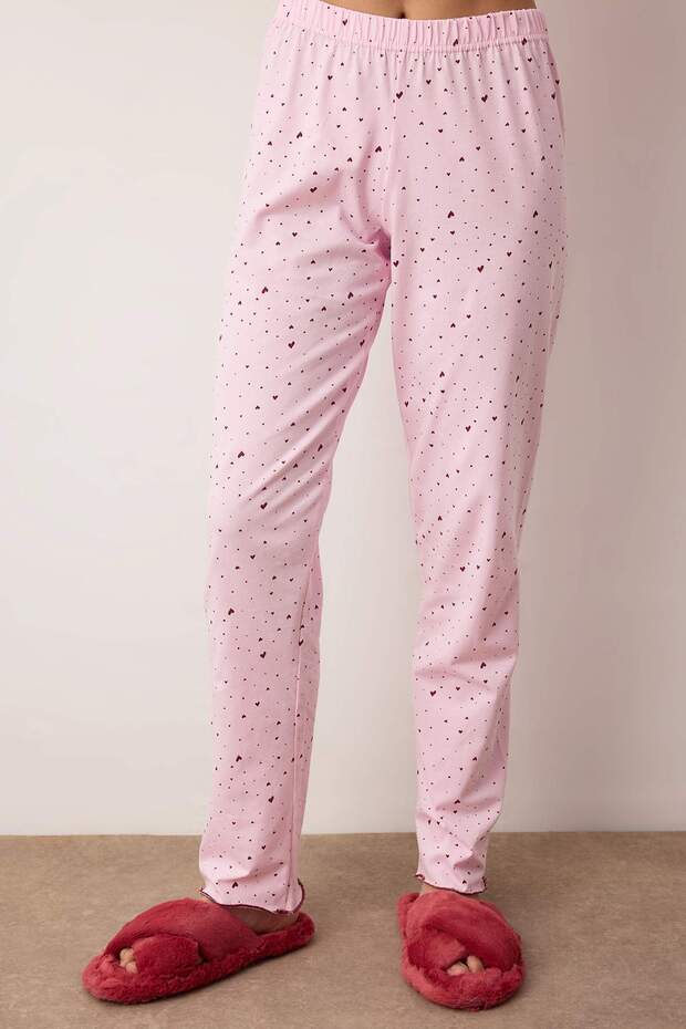Pembe Pamuklu Likralı Yumuşak Tuşe Kalpli Baby Overlok Detaylı Örme Pijama TakımıTHMAW26PT00166 - 3