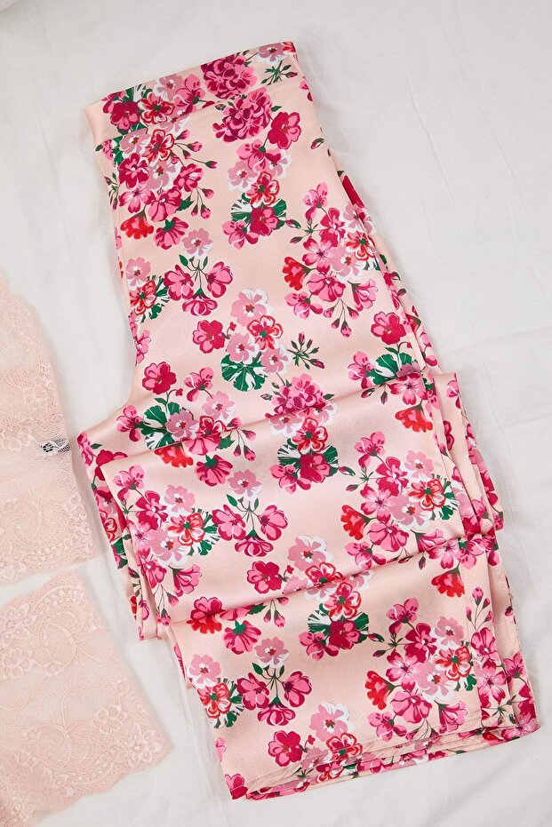 Çok Renkli 3'lü Çeyiz Set Çiçekli Üst Dantel, Alt Saten Külotlu Dokuma Pijama Takımı THMAW26PT00077 - 8