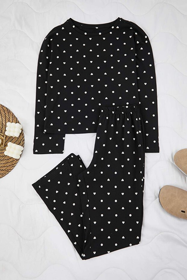 Siyah %100 Pamuklu Puantiye ve Kalpli Örme Pijama Takımı THMAW25PT00039 - 5