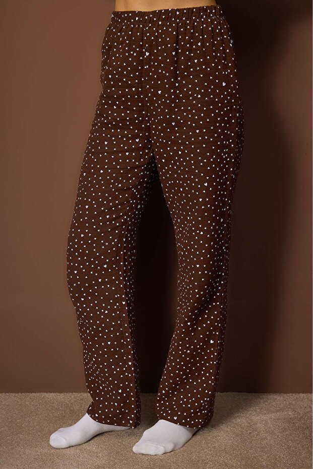 Kahverengi %100 Pamuklu Kalpli Müslin Kumaş Dokuma Pijama Takımı THMAW26PT00110 - 3