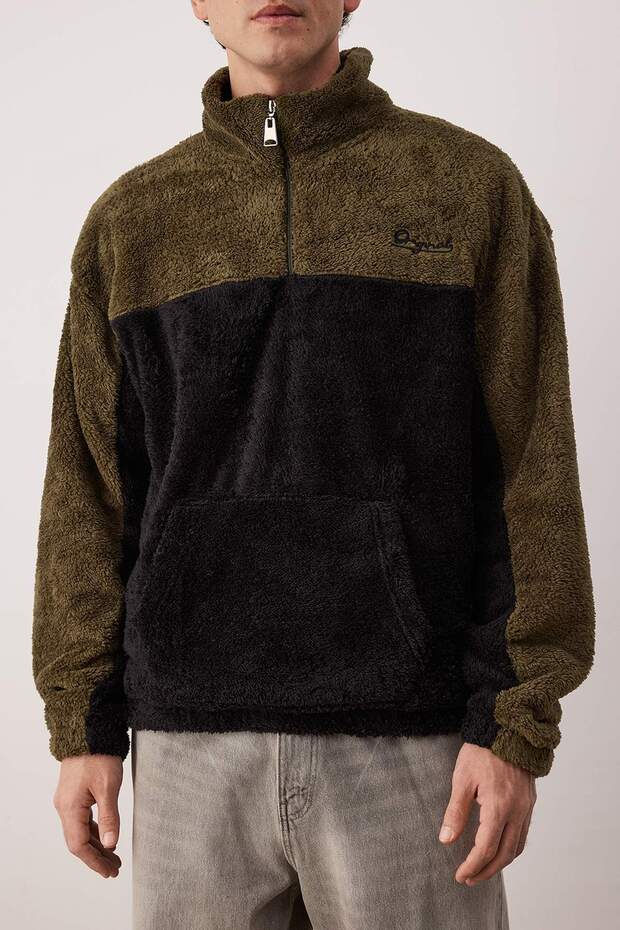 Yeşil Unisex Oversize/Geniş Kesim Renk Blok Sıcak Tutan Peluş Sweatshirt TMNAW22SW1477 - 3