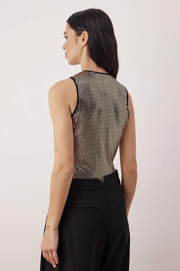 Altın Bisiklet Yaka Örme Payet Çıtçıtlı Body TPRAW26BD00002 - 4