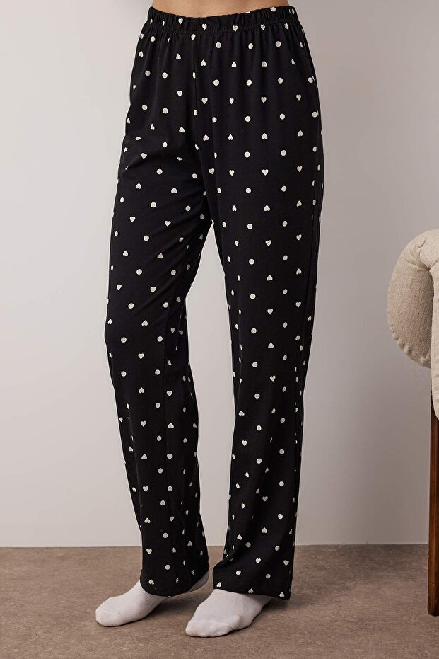 Siyah %100 Pamuklu Puantiye ve Kalpli Örme Pijama Takımı THMAW25PT00039 - 3