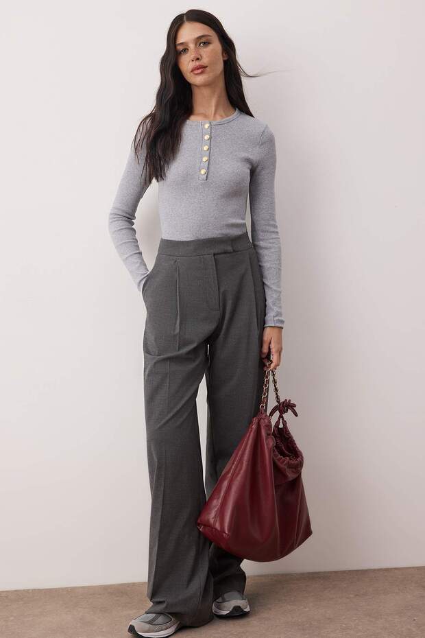 Gri Melanj Bisiklet Yaka Düğmeli Fitted/Vücuda Oturan Esnek Fittilli Örme Bluz TWOAW26BZ00063 - 1