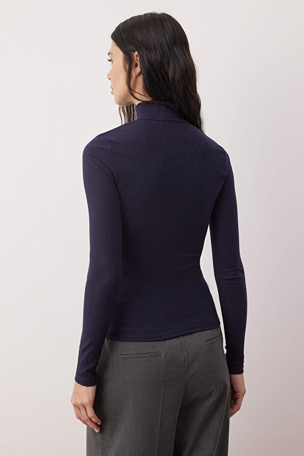 Lacivert Önü Full Çıtçıt Kapama Kaşkorse Fitted/Vücuda Oturan Örme Bluz TWOAW26BZ00329 - 4