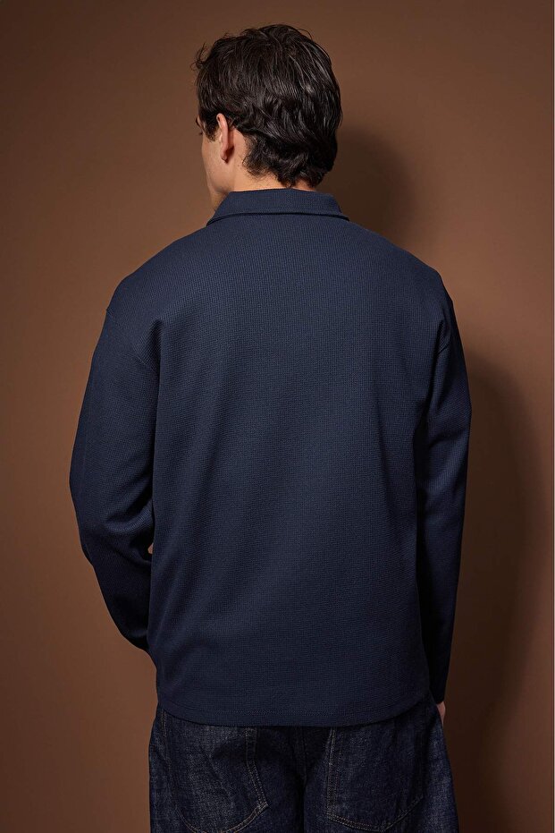 Lacivert Düşük Omuz Regular Fermuarlı Polo Yaka T-shirt/Sweatshirt TMNAW26PO00000 - 4