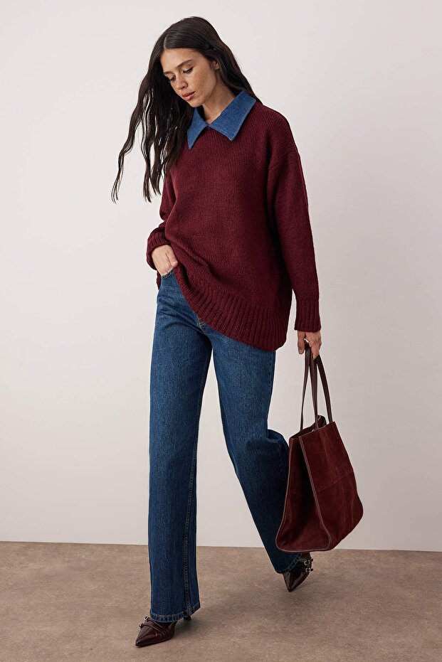 Bordo Denim Yaka Garnili Yumuşak Dokulu Triko Kazak TWOAW26KZ00278 - 2
