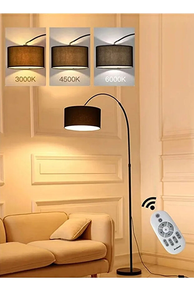 مصباح أرضي عصري منحني مع جهاز تحكم عن بعد بثلاث مستويات، قاعدة رخامية، 12 واط، لون أسود رخامي - 1