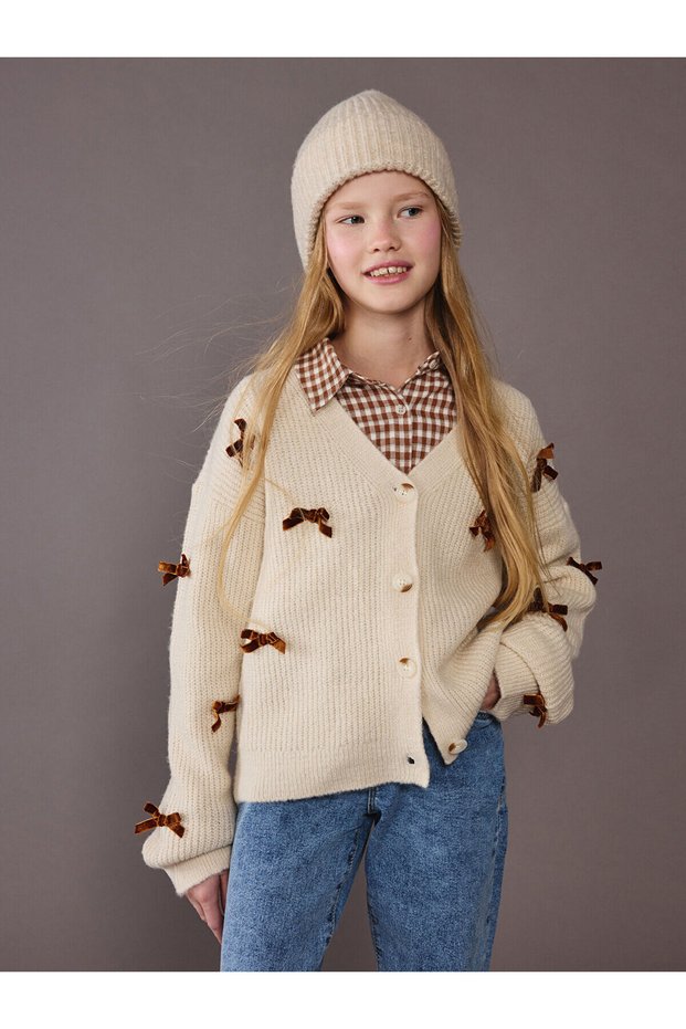 Two Mt Shop Quality Lcw Kids Ecru V-Neck Bow Detailed Girls' Knitwear Cardigan
