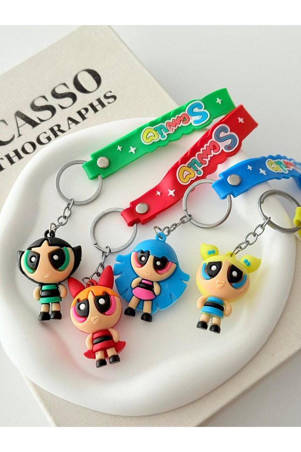 4-Piece Powerpuff Girls Character Keychain and Bag Charm (Buttercup, Blossom, Bubbles, and Blisstina)
