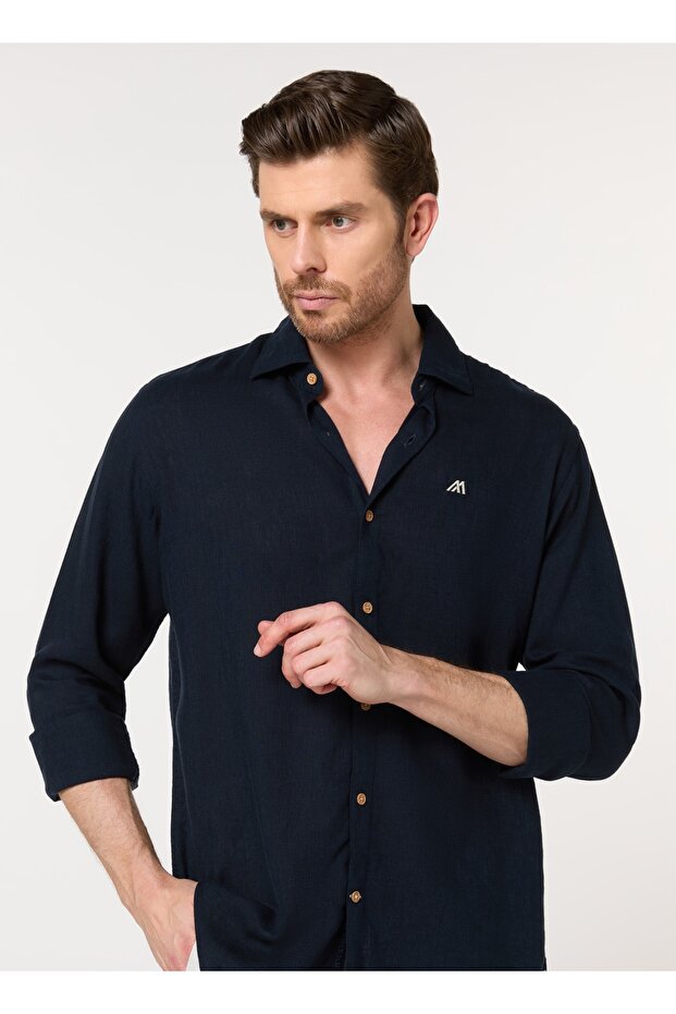 The Deep Night Navy Lyocell Linen Shirt with Smooth Elegance, Comfort Fit