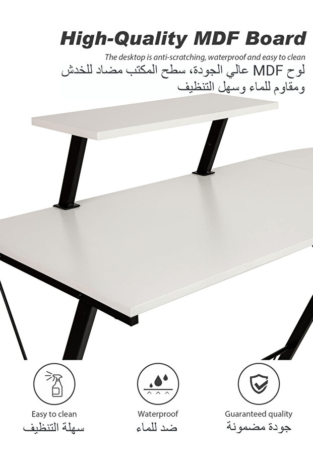 L-Shaped Computer Desk with Monitor Shelf, Large Desktop, White - 4