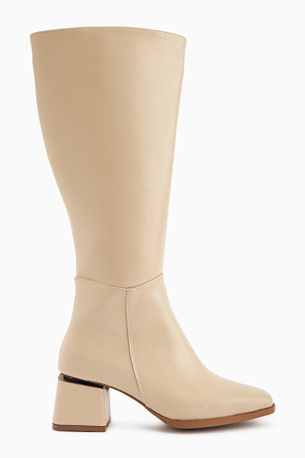 Miami Beige Wrinkled Patent Leather Blunt Toe Women's Boots