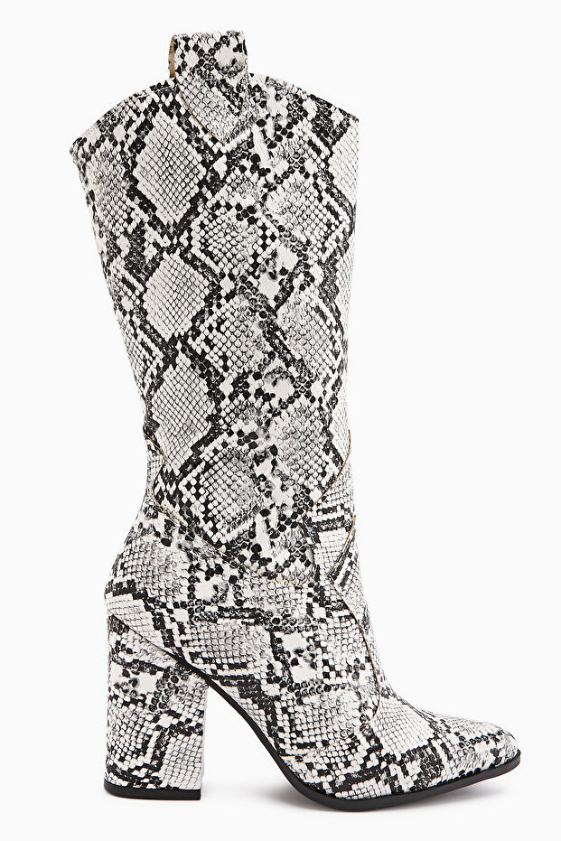 Leather White Snake Print Asymmetrical Cut Heeled Short Women's Boots