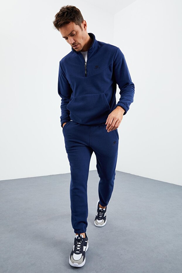 Indigo Half Zipper High Collar Elastic Cuff Fleece Men's Tracksuit Set - 85159