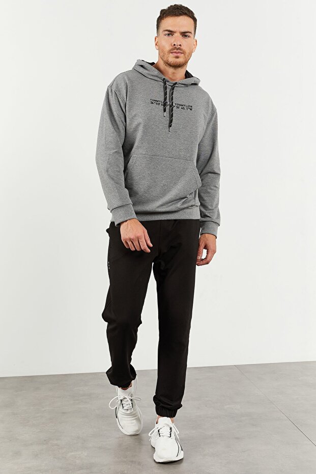 Gray Melange - Black Hooded Kangaroo Pocket Elastic Leg Men's Standard Fit Tracksuit Set - 85117