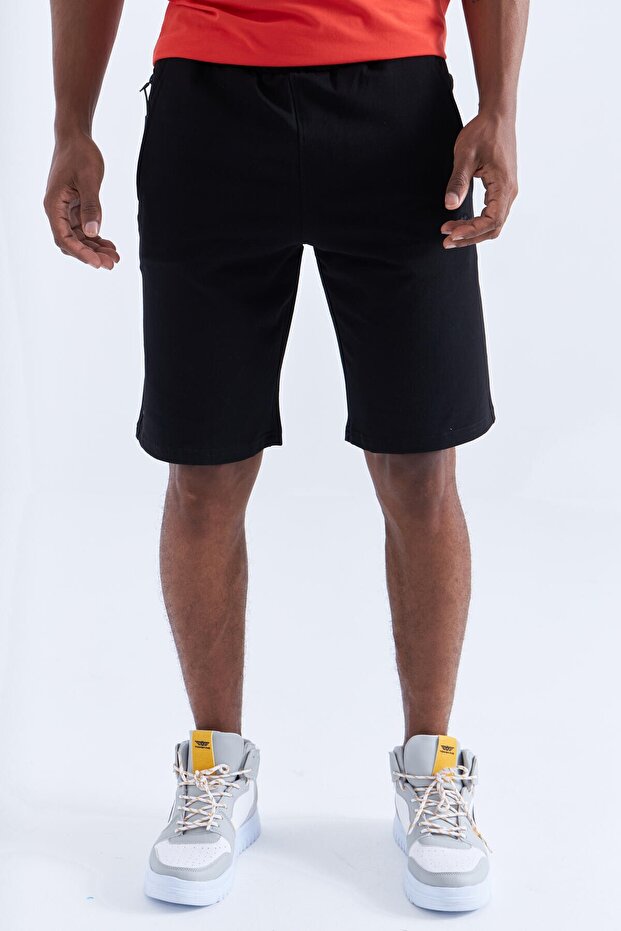 Black Single Zipper Pocket Detailed Lace-up Standard Mold Men's Shorts - 81202