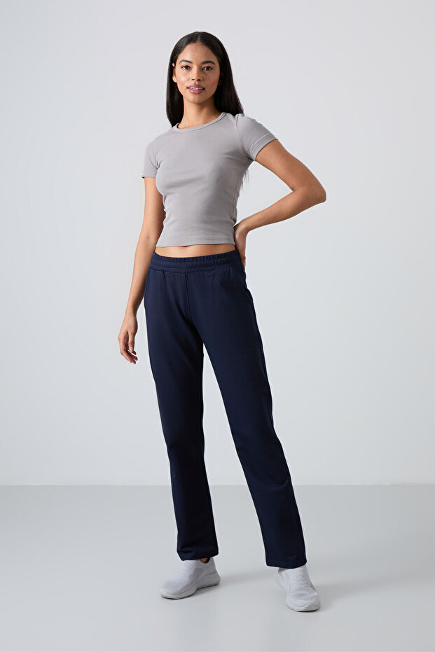 Indigo High Waisted Pocketed Comfortable Form Classic Leg Women's Tracksuit Bottom - 94584