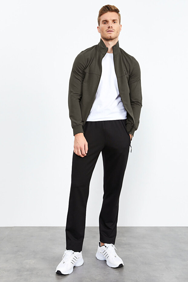 Khaki - Black Mock Neck Zippered Standard Fit Classic Leg Men's Tracksuit Set - 85152