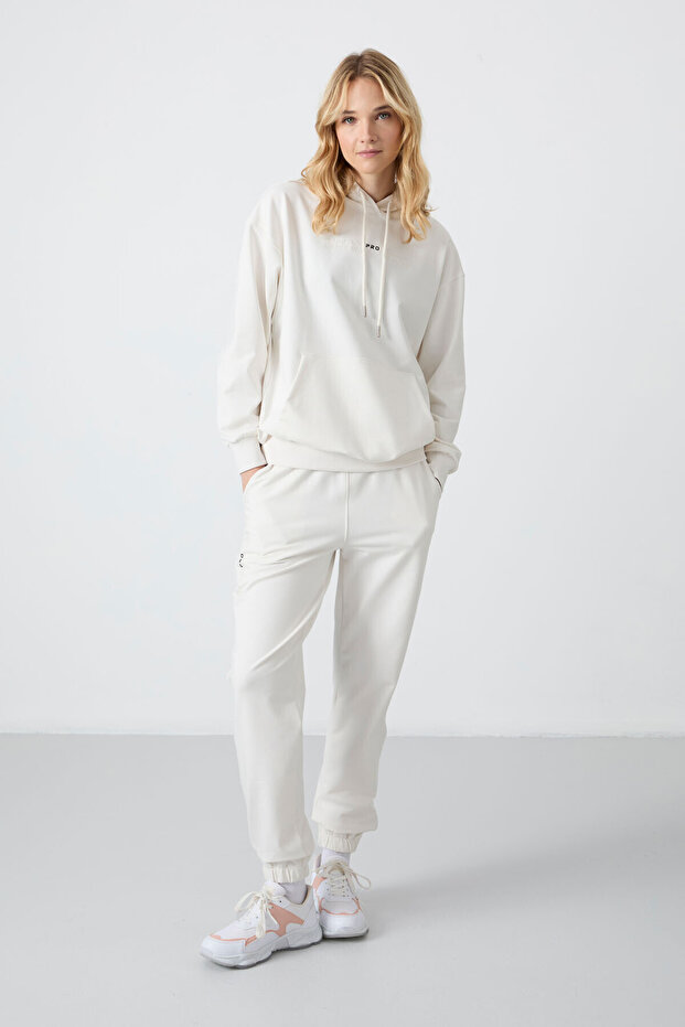 Ecru Hooded Kangaroo Pocket Comfortable Fit Elastic Cuff Women's Tracksuit Set - 95288