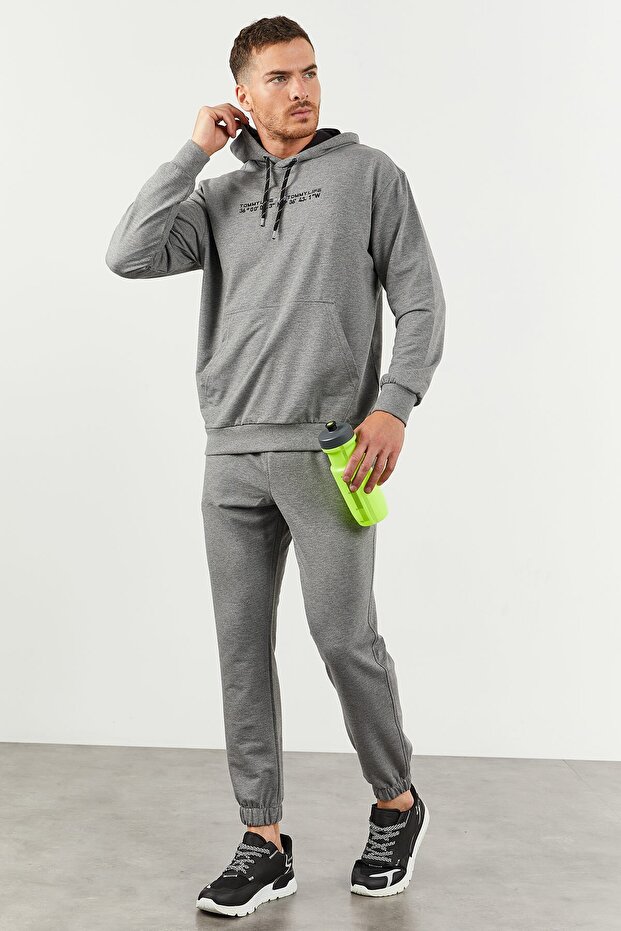 Gray Melange Hooded Kangaroo Pocket Elastic Cuff Men's Standard Fit Tracksuit Set - 85117