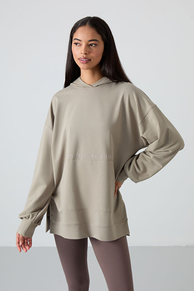 Dark Beige Balloon Sleeve Letter Embroidered Women's Comfortable Fit Tunic Sweatshirt - 97163