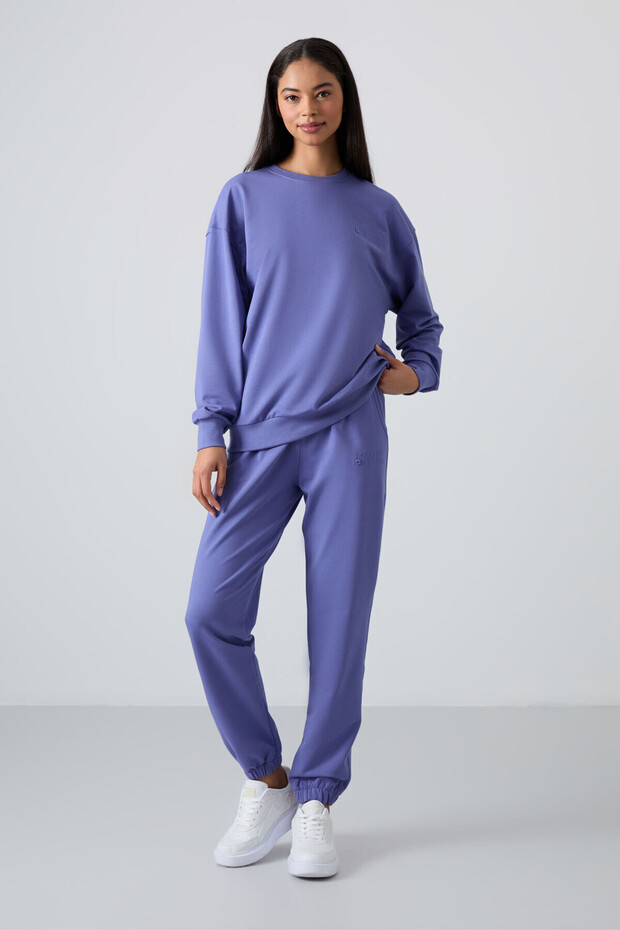 Eflatun Basic Cotton O-Neck Comfortable Fit Elastic Leg Women's Tracksuit Set - 95287