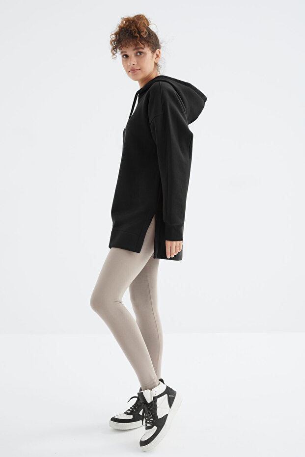Siyah Reglan Kol Basic Kapüşonlu Oversize Sweatshirt Tunik - 97242 - 2