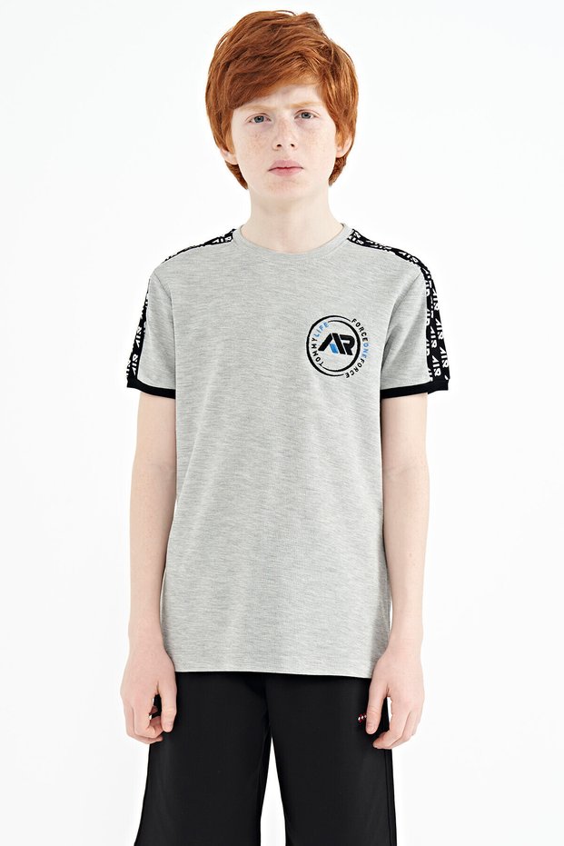 Gray Melange Shoulder Print Detailed Standard Fit O Neck Boys T-Shirt - 11121
