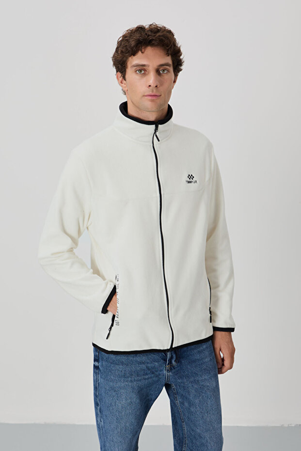 Ecru Text Embroidered Stand-Up Collar Zippered Standard Mold Men's Sweatshirt Fleece - 87992