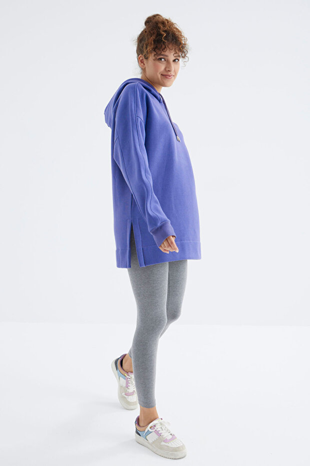 Eflatun Reglan Kol Basic Kapüşonlu Oversize Sweatshirt Tunik - 97242 - 5